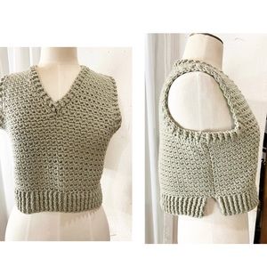 Crochet Sweater Vest Slightly Cropped Green Boho Bohemian Textured Hand Made